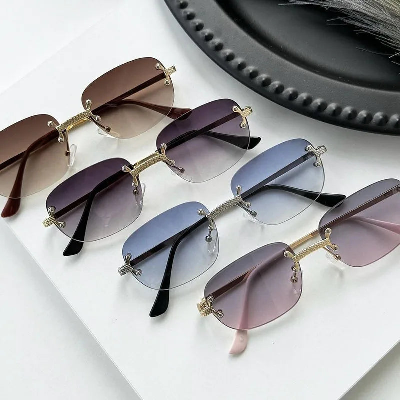 S003 Wholesale New Arrivals Small Gold Designer Women Glasses Rectangle Diamond Cut Rimless Frameless Sun Glasses for Men