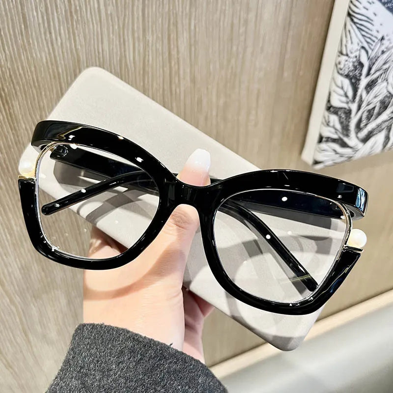 Clear Blue Ray Blocking Eyeglasses Large Glasses Frame Women Fashion Brand Design Pearl Spectacle Frame Trend Round Eyewear