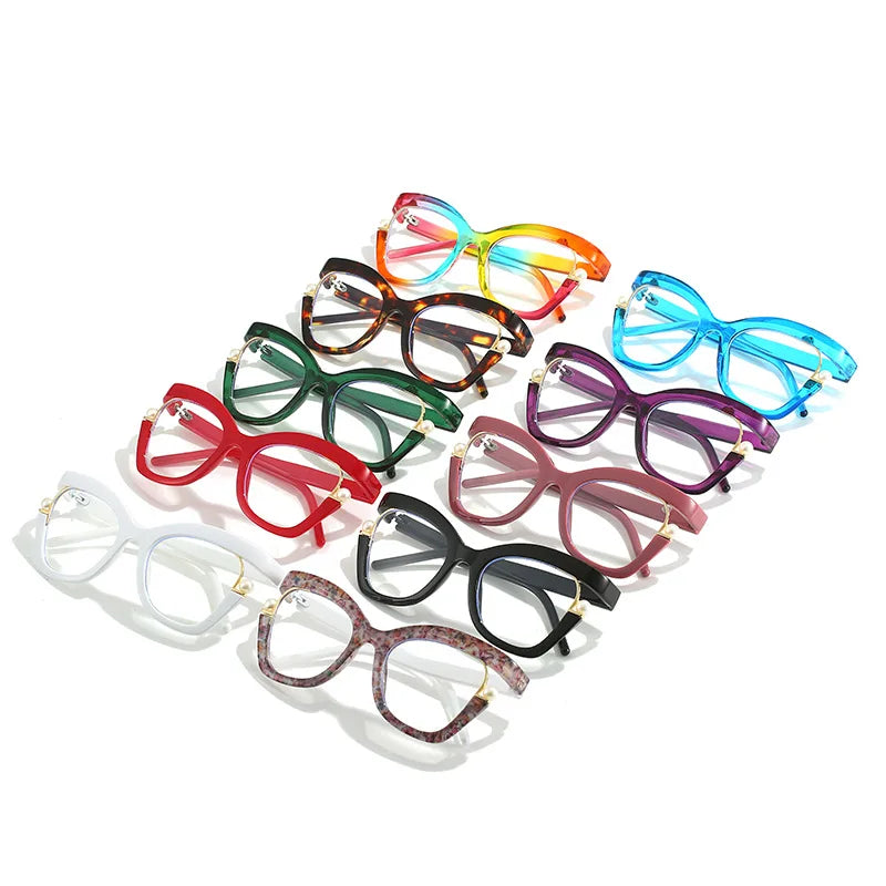 Clear Blue Ray Blocking Eyeglasses Large Glasses Frame Women Fashion Brand Design Pearl Spectacle Frame Trend Round Eyewear