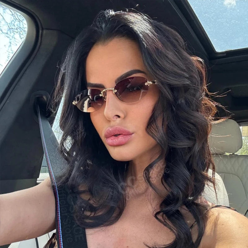 New Frameless trim Sunglasses Metal Frame Black Small Oval Sun Glasses Unisex Round Fashion Rimless Sunglasses UV400 Oculos