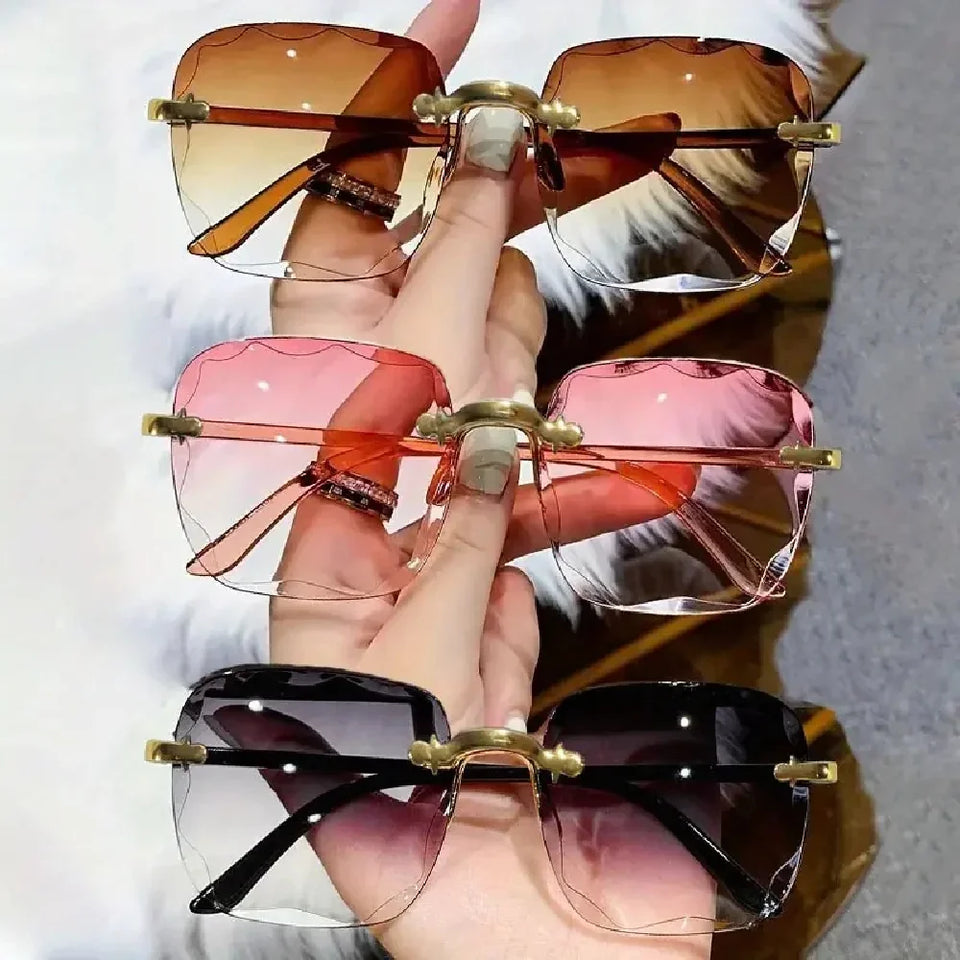 Square Rimless Sunglasses Women Luxury Brand Designer Summer Red Glasses Fashion Sun glasses For Men UV400 Shades Oculos