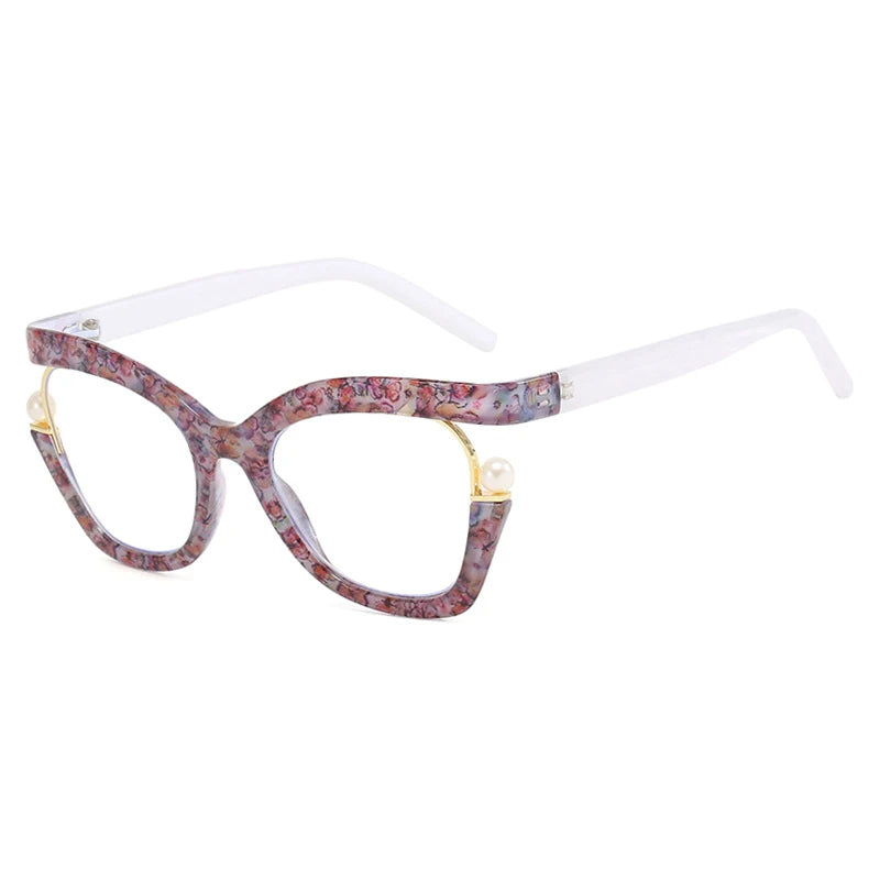 Clear Blue Ray Blocking Eyeglasses Large Glasses Frame Women Fashion Brand Design Pearl Spectacle Frame Trend Round Eyewear