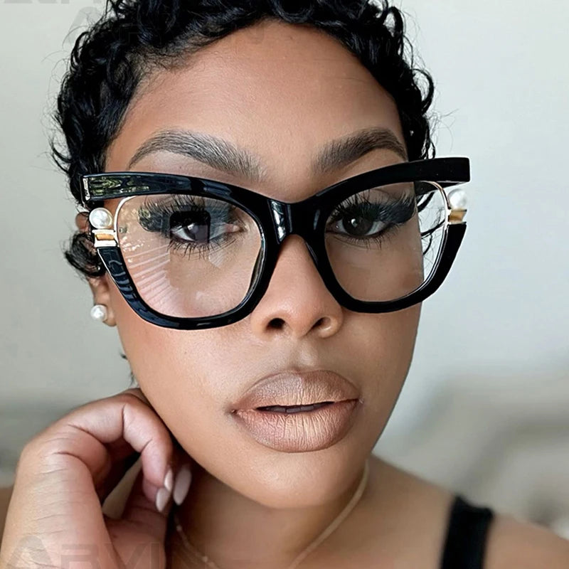 Clear Blue Ray Blocking Eyeglasses Large Glasses Frame Women Fashion Brand Design Pearl Spectacle Frame Trend Round Eyewear
