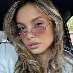 New Frameless trim Sunglasses Metal Frame Black Small Oval Sun Glasses Unisex Round Fashion Rimless Sunglasses UV400 Oculos