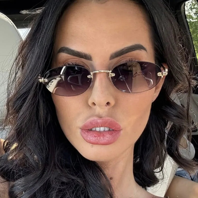 New Frameless trim Sunglasses Metal Frame Black Small Oval Sun Glasses Unisex Round Fashion Rimless Sunglasses UV400 Oculos